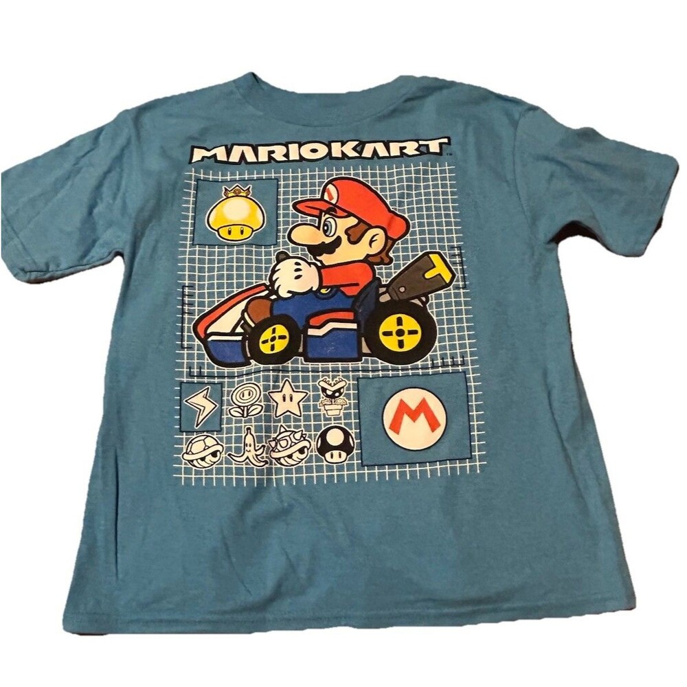 Mario Kart Nintendo Kids T-Shirt Size 4 Blue Graphic Tee Mario Power Ups NWOT